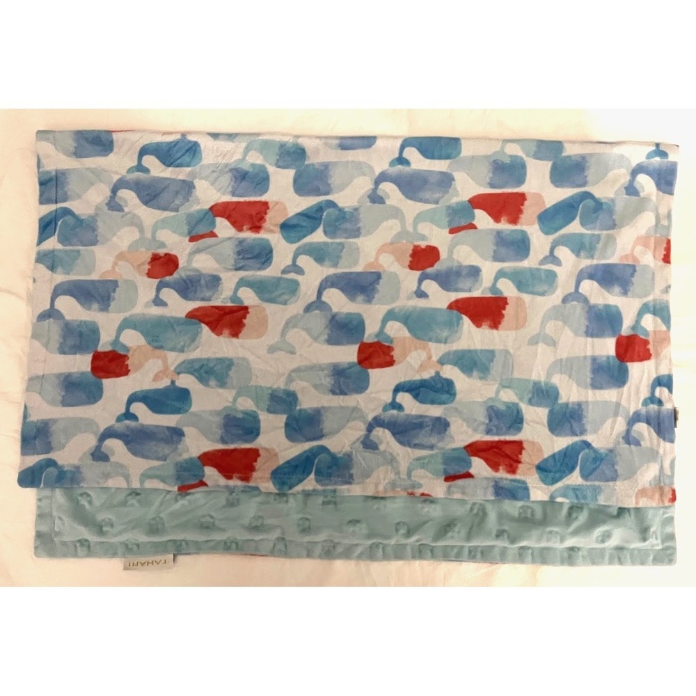 Tahari Whale Baby Blanket Raised Stars Blue Pink White Security Lovey 30x40 htf - Picture 2 of 4